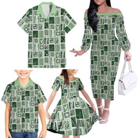 Vintage Aloha Block Quilt Family Matching Off The Shoulder Long Sleeve Dress and Hawaiian Shirt Green Inspired Lei Motifs LT9 - Polynesian Pride