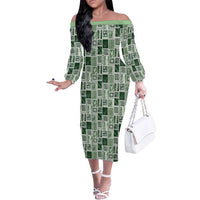 Vintage Aloha Block Quilt Family Matching Off The Shoulder Long Sleeve Dress and Hawaiian Shirt Green Inspired Lei Motifs LT9 Mom's Dress Green - Polynesian Pride