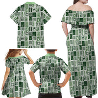 Vintage Aloha Block Quilt Family Matching Off Shoulder Maxi Dress and Hawaiian Shirt Green Inspired Lei Motifs LT9 - Polynesian Pride
