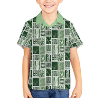 Vintage Aloha Block Quilt Family Matching Off Shoulder Maxi Dress and Hawaiian Shirt Green Inspired Lei Motifs LT9 Son's Shirt Green - Polynesian Pride