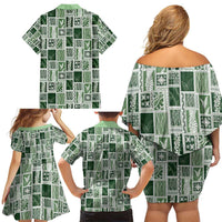 Vintage Aloha Block Quilt Family Matching Off Shoulder Short Dress and Hawaiian Shirt Green Inspired Lei Motifs LT9 - Polynesian Pride