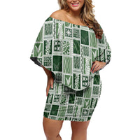 Vintage Aloha Block Quilt Family Matching Off Shoulder Short Dress and Hawaiian Shirt Green Inspired Lei Motifs LT9 Mom's Dress Green - Polynesian Pride