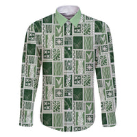 Vintage Aloha Block Quilt Family Matching Puletasi and Hawaiian Shirt Green Inspired Lei Motifs LT9 Dad's Shirt - Long Sleeve Green - Polynesian Pride