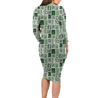 Vintage Aloha Block Quilt Long Sleeve Bodycon Dress Green Inspired Lei Motifs - Polynesian Pride