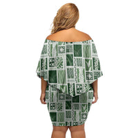 Vintage Aloha Block Quilt Off Shoulder Short Dress Green Inspired Lei Motifs - Polynesian Pride