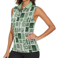 Vintage Aloha Block Quilt Women Sleeveless Polo Shirt Green Inspired Lei Motifs - Polynesian Pride