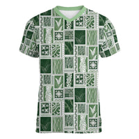 Vintage Aloha Block Quilt Women V-Neck T-Shirt Green Inspired Lei Motifs LT9 Female Green - Polynesian Pride