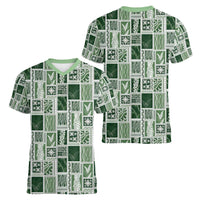 Vintage Aloha Block Quilt Women V-Neck T-Shirt Green Inspired Lei Motifs LT9 - Polynesian Pride