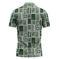 Vintage Aloha Block Quilt Zipper Polo Shirt Green Inspired Lei Motifs - Polynesian Pride