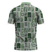 Vintage Aloha Block Quilt Zipper Polo Shirt Green Inspired Lei Motifs - Polynesian Pride