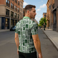Vintage Aloha Block Quilt Zipper Polo Shirt Green Inspired Lei Motifs - Polynesian Pride