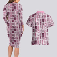 Vintage Aloha Block Quilt Couples Matching Long Sleeve Bodycon Dress and Hawaiian Shirt Pink Inspired Lei Motifs LT9 - Polynesian Pride