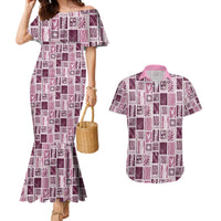 Vintage Aloha Block Quilt Couples Matching Mermaid Dress and Hawaiian Shirt Pink Inspired Lei Motifs LT9 Pink - Polynesian Pride