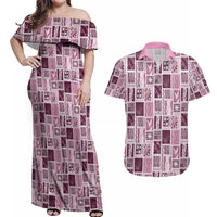 Vintage Aloha Block Quilt Couples Matching Off Shoulder Maxi Dress and Hawaiian Shirt Pink Inspired Lei Motifs LT9 Pink - Polynesian Pride