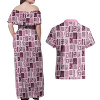 Vintage Aloha Block Quilt Couples Matching Off Shoulder Maxi Dress and Hawaiian Shirt Pink Inspired Lei Motifs LT9 - Polynesian Pride