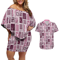 Vintage Aloha Block Quilt Couples Matching Off Shoulder Short Dress and Hawaiian Shirt Pink Inspired Lei Motifs - Polynesian Pride