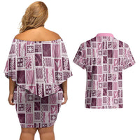 Vintage Aloha Block Quilt Couples Matching Off Shoulder Short Dress and Hawaiian Shirt Pink Inspired Lei Motifs LT9 - Polynesian Pride