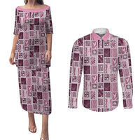 Vintage Aloha Block Quilt Couples Matching Puletasi and Long Sleeve Button Shirt Pink Inspired Lei Motifs - Polynesian Pride