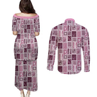 Vintage Aloha Block Quilt Couples Matching Puletasi and Long Sleeve Button Shirt Pink Inspired Lei Motifs - Polynesian Pride