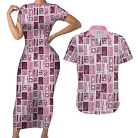 Vintage Aloha Block Quilt Couples Matching Short Sleeve Bodycon Dress and Hawaiian Shirt Pink Inspired Lei Motifs LT9 Pink - Polynesian Pride