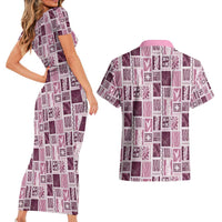 Vintage Aloha Block Quilt Couples Matching Short Sleeve Bodycon Dress and Hawaiian Shirt Pink Inspired Lei Motifs LT9 - Polynesian Pride