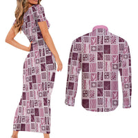 Vintage Aloha Block Quilt Couples Matching Short Sleeve Bodycon Dress and Long Sleeve Button Shirt Pink Inspired Lei Motifs LT9 - Polynesian Pride