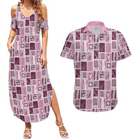 Vintage Aloha Block Quilt Couples Matching Summer Maxi Dress and Hawaiian Shirt Pink Inspired Lei Motifs LT9 Pink - Polynesian Pride