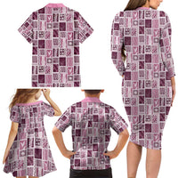 Vintage Aloha Block Quilt Family Matching Long Sleeve Bodycon Dress and Hawaiian Shirt Pink Inspired Lei Motifs - Polynesian Pride