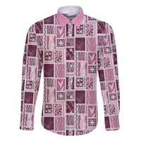 Vintage Aloha Block Quilt Family Matching Long Sleeve Bodycon Dress and Hawaiian Shirt Pink Inspired Lei Motifs LT9 Dad's Shirt - Long Sleeve Pink - Polynesian Pride