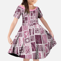 Vintage Aloha Block Quilt Family Matching Off The Shoulder Long Sleeve Dress and Hawaiian Shirt Pink Inspired Lei Motifs LT9 Daughter's Dress Pink - Polynesian Pride