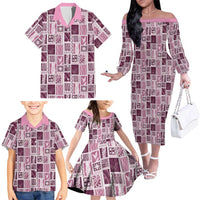 Vintage Aloha Block Quilt Family Matching Off The Shoulder Long Sleeve Dress and Hawaiian Shirt Pink Inspired Lei Motifs LT9 - Polynesian Pride