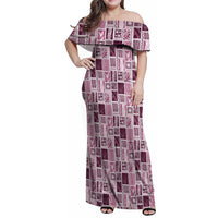 Vintage Aloha Block Quilt Family Matching Off Shoulder Maxi Dress and Hawaiian Shirt Pink Inspired Lei Motifs LT9 Mom's Dress Pink - Polynesian Pride
