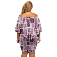 Vintage Aloha Block Quilt Family Matching Off Shoulder Short Dress and Hawaiian Shirt Pink Inspired Lei Motifs - Polynesian Pride
