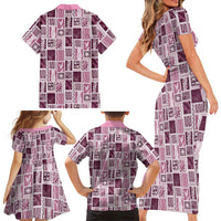 Vintage Aloha Block Quilt Family Matching Short Sleeve Bodycon Dress and Hawaiian Shirt Pink Inspired Lei Motifs LT9 - Polynesian Pride