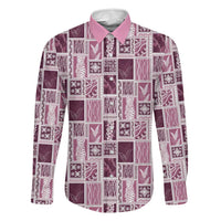 Vintage Aloha Block Quilt Family Matching Summer Maxi Dress and Hawaiian Shirt Pink Inspired Lei Motifs LT9 Dad's Shirt - Long Sleeve Pink - Polynesian Pride