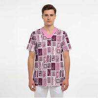 Vintage Aloha Block Quilt Scrub Top Pink Inspired Lei Motifs - Polynesian Pride