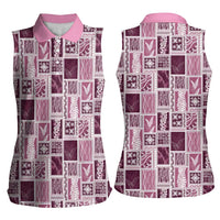 Vintage Aloha Block Quilt Women Sleeveless Polo Shirt Pink Inspired Lei Motifs - Polynesian Pride