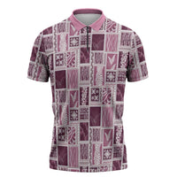Vintage Aloha Block Quilt Zipper Polo Shirt Pink Inspired Lei Motifs - Polynesian Pride