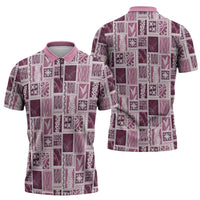 Vintage Aloha Block Quilt Zipper Polo Shirt Pink Inspired Lei Motifs - Polynesian Pride