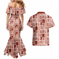 Vintage Aloha Block Quilt Couples Matching Mermaid Dress and Hawaiian Shirt Red Inspired Lei Motifs LT9 - Polynesian Pride