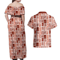 Vintage Aloha Block Quilt Couples Matching Off Shoulder Maxi Dress and Hawaiian Shirt Red Inspired Lei Motifs LT9 - Polynesian Pride