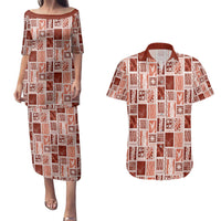 Vintage Aloha Block Quilt Couples Matching Puletasi and Hawaiian Shirt Red Inspired Lei Motifs - Polynesian Pride