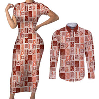 Vintage Aloha Block Quilt Couples Matching Short Sleeve Bodycon Dress and Long Sleeve Button Shirt Red Inspired Lei Motifs - Polynesian Pride