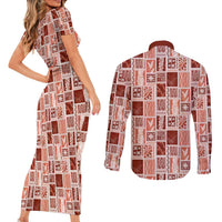 Vintage Aloha Block Quilt Couples Matching Short Sleeve Bodycon Dress and Long Sleeve Button Shirt Red Inspired Lei Motifs LT9 - Polynesian Pride