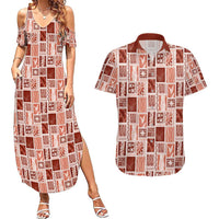 Vintage Aloha Block Quilt Couples Matching Summer Maxi Dress and Hawaiian Shirt Red Inspired Lei Motifs LT9 Red - Polynesian Pride