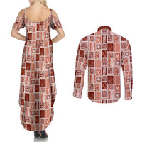 Vintage Aloha Block Quilt Couples Matching Summer Maxi Dress and Long Sleeve Button Shirt Red Inspired Lei Motifs - Polynesian Pride