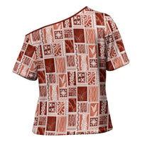Vintage Aloha Block Quilt Cross Shoulder Shirt Red Inspired Lei Motifs - Polynesian Pride