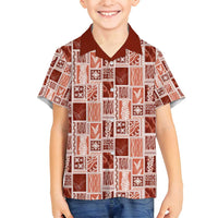 Vintage Aloha Block Quilt Family Matching Long Sleeve Bodycon Dress and Hawaiian Shirt Red Inspired Lei Motifs - Polynesian Pride