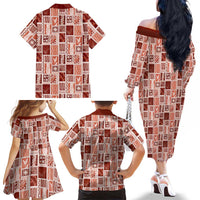 Vintage Aloha Block Quilt Family Matching Off The Shoulder Long Sleeve Dress and Hawaiian Shirt Red Inspired Lei Motifs LT9 - Polynesian Pride