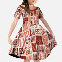 Vintage Aloha Block Quilt Family Matching Off Shoulder Short Dress and Hawaiian Shirt Red Inspired Lei Motifs LT9 Daughter's Dress Red - Polynesian Pride